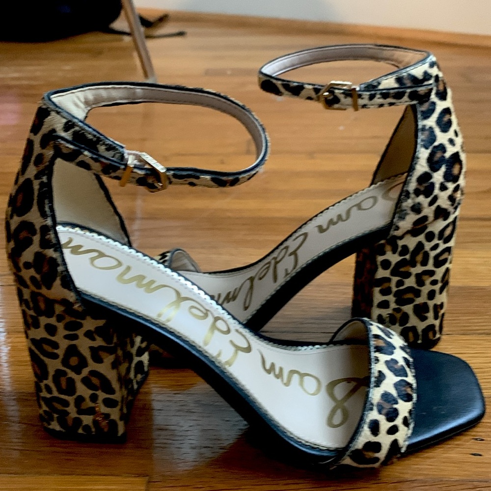 Sam Edelman Leopard-Print Block-Heeled Ankle-Strap Sandals. 8.5M